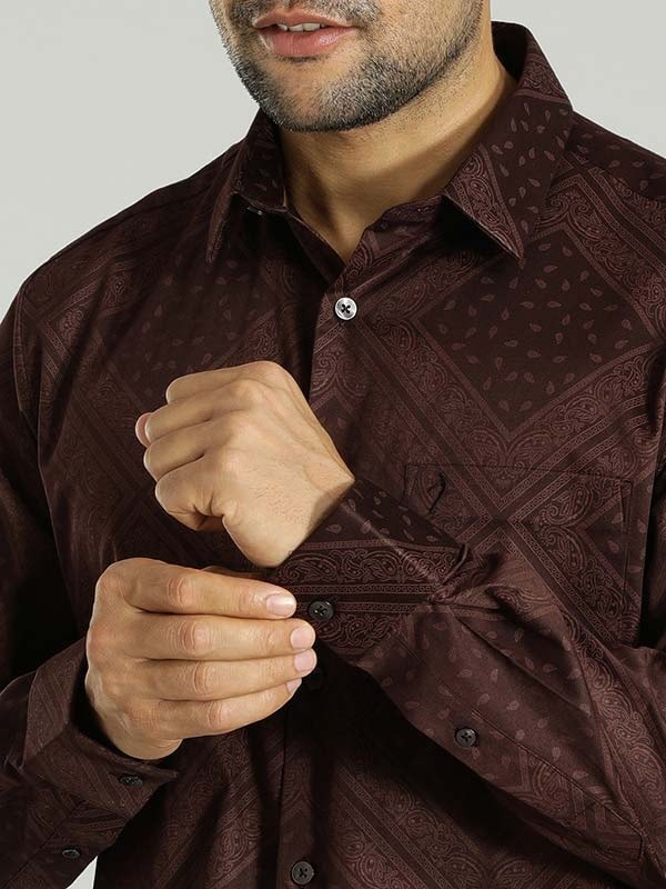 Indian Terrain Men's Slim Fit Full Sleeve All Over Print Brown Shirt